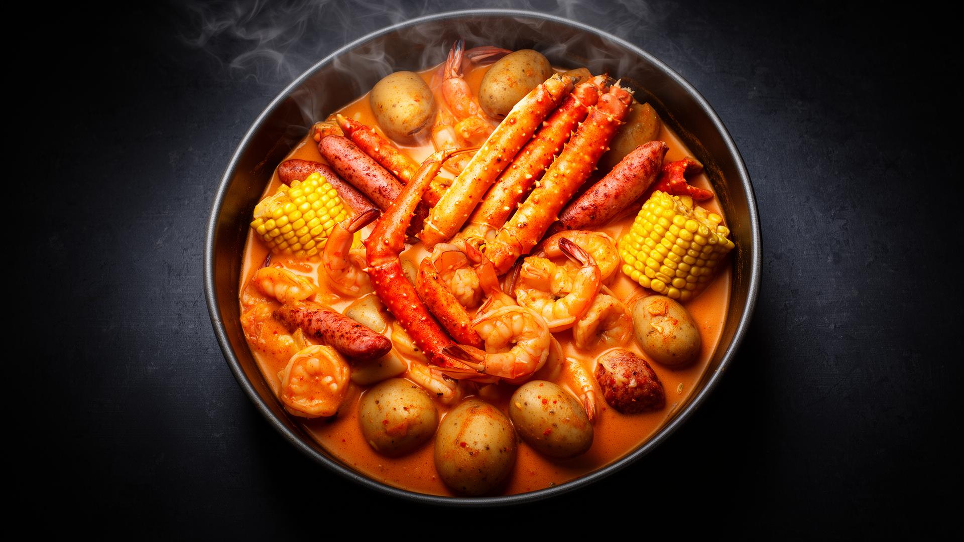 Cajun seafood boil with king crab, shrimp, corn and potatoes